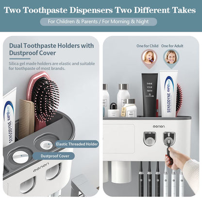 BHeadCat toothbrush holder, wall-mounted toothbrush holder with double automatic toothpaste dispenser for kids and adults, 6 brush slots, 2 magnetic cups, Gray.
