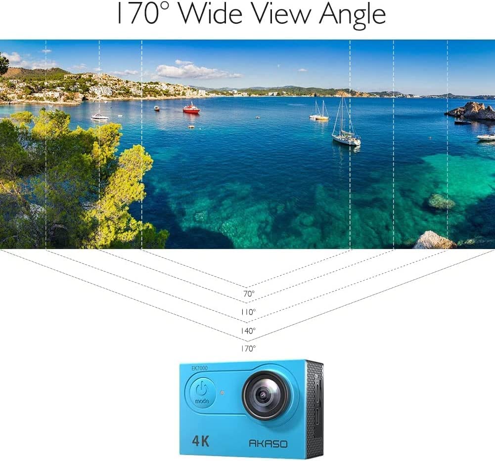 AKASO Action Cam EK7000 4K30FPS Action Camera 170° Wide Angle HD Underwater Camera 20MP WiFi Waterproof Sport Camera 2 Inch LCD Screen with 2 Batteries (Blue)