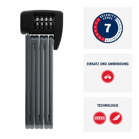 ABUS foldable lock Bordo Lite 6055C SH - with mounting bracket and combination code - Extra-light combination lock made of special steel - ABUS security level 7 - 85 cm - Black