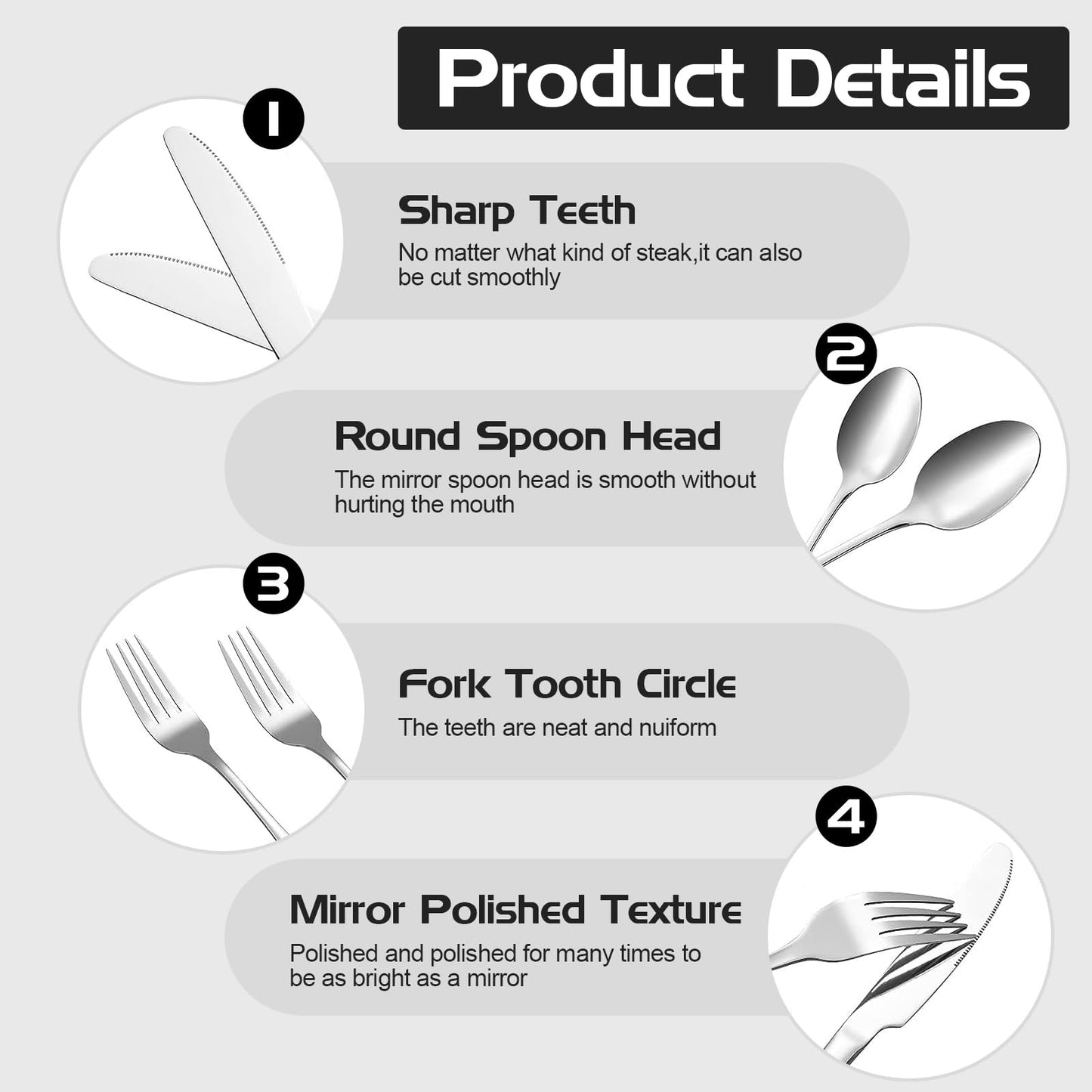 Camping cutlery set for 4 people - Stainless steel camping tableware set for outdoor, picnic and travel - with stainless steel knife, fork, spoon and plate, Portable cutlery including cutlery bag.