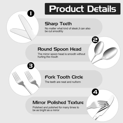 Camping cutlery set for 4 people - Stainless steel camping tableware set for outdoor, picnic and travel - with stainless steel knife, fork, spoon and plate, Portable cutlery including cutlery bag.