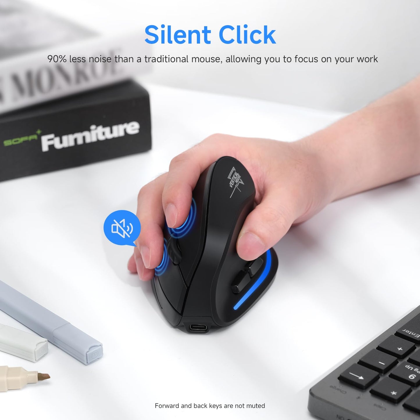 REALPower 2.4G Vertical Ergonomic Mouse Wireless, Rechargeable Cordless Wireless Mouse for Office/Home Windows PC, Vertical Ergonomic Mouse 2400 DPI, 6 Buttons, Right-Handed (Black)