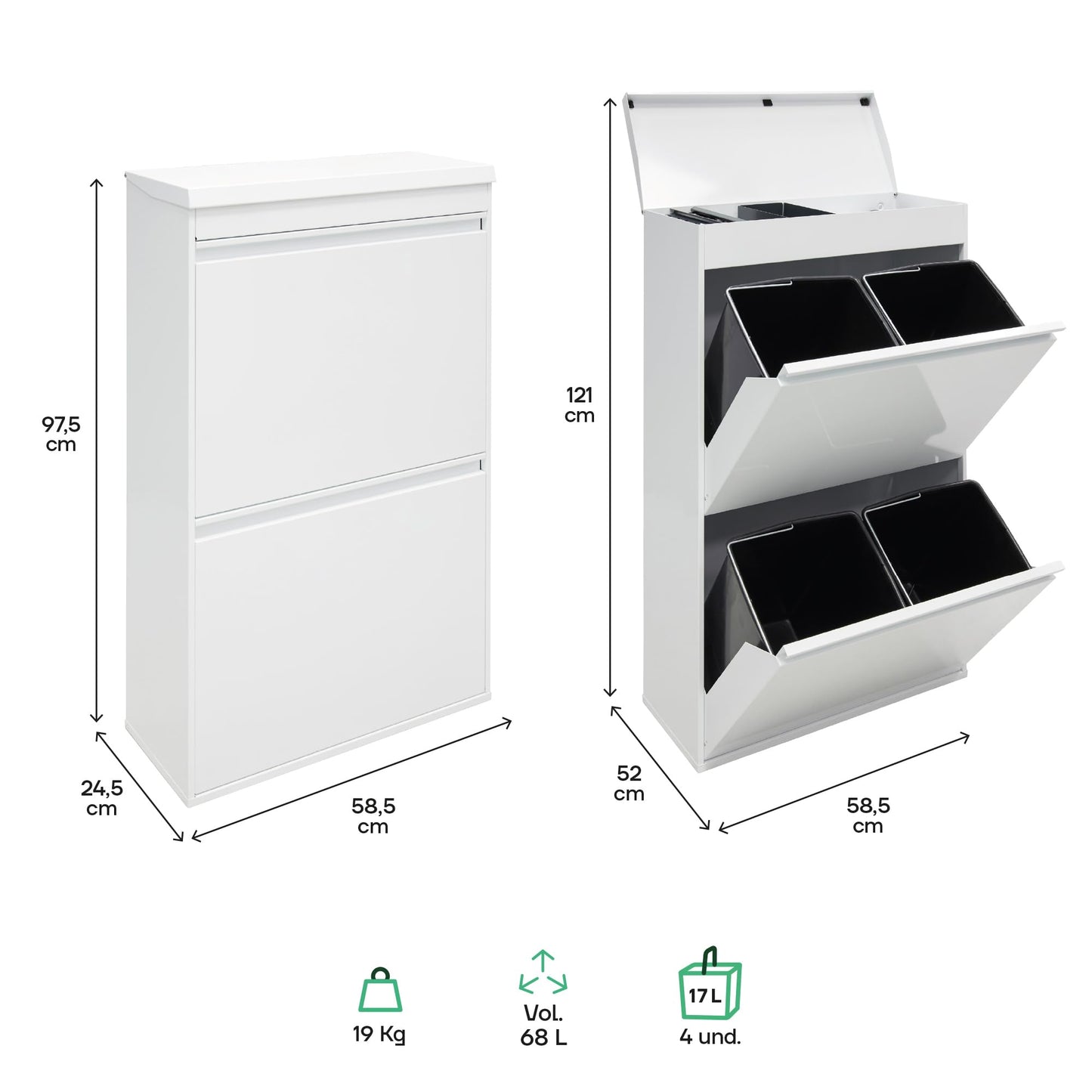 ARREGUI Top CR621-B steel recycling system with storage box and lid | 4 compartments kitchen trash can | 4x17 L (68 L) | Removable inner buckets with handle | white