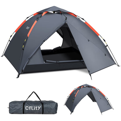 Cflity Camping Tent, 3 Person Instant Pop Up Waterproof Three Layer Automatic Dome Tent, Large 4 Season Tent with Rain-Fly 2 Expandable Porch