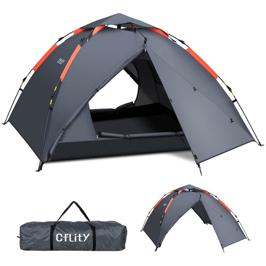 Cflity Camping Tent, 3 Person Instant Pop Up Waterproof Three Layer Automatic Dome Tent, Large 4 Season Tent with Rain-Fly 2 Expandable Porch