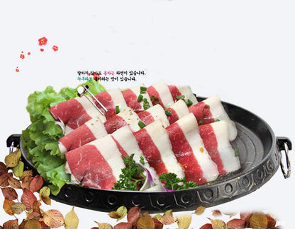 Korean-style grill pan with Maifan-coated surface, non-stick, smokeless grill plate for indoor and outdoor use, 32 x 32 cm.