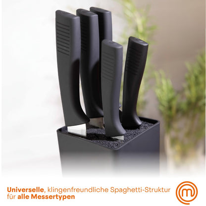 MasterChef knife block with knife cake knife set with Santoku knife, bread knife, chef's knife, vegetable knife, and utility knife, stainless steel, sharp, 5-piece, soft-touch handles.