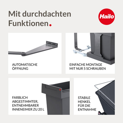 Hailo Waste Bin 3636001 | Solo model with pull-out mechanism | 20 liter inner bucket | for cabinets from 400mm width with hinged door | Anthracite
