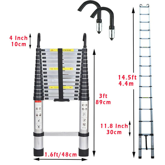 4.4M Telescoping Ladder with Hooks, Non-Slip Extendable Foldable Sliding Ladder made of high-quality Aluminum, 15 Steps Multi-Purpose Stepladder, 330 Pound Capacity