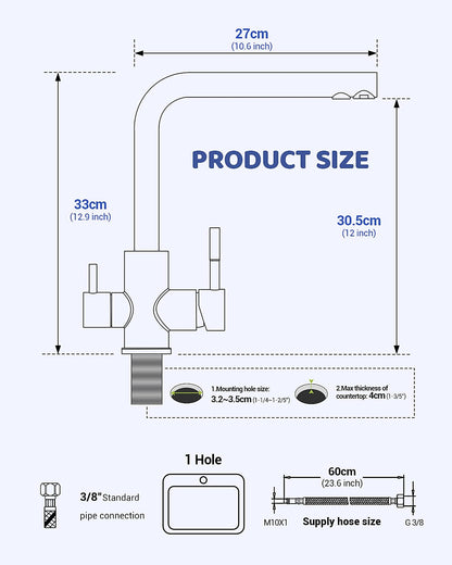 APPASO 3 Way Water Faucet, Kitchen Faucet 3 Way, 3 in 1 Kitchen Mixer Tap for Water Filter, Three Way Tap, Drinking Water Faucet with 2 handles, Stainless Steel Brushed Kitchen Sink Faucet.