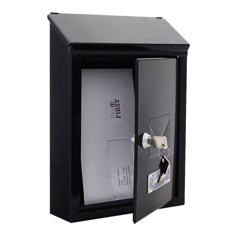Profirst Mail PM 400 mailbox in black-grey steel with cylinder lock, 2 keys, viewing window, name tag holder, dual entry, and mounting material included.