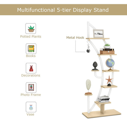 COMFOTEU 5-Tier Plant Stand, Metal Flower Stand, Plant Stand with Anti-Tipping, Flower Stand with 7 Levels & 1 Hook, Display Shelf for Garden Balcony Living Room, White (1 Piece)