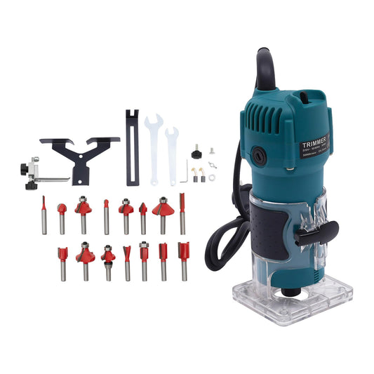 800W trim router, 6.35mm edge trimming router with 15 different router collets for grooving, trimming, carving, milling, chamfering, and cutting curves.
