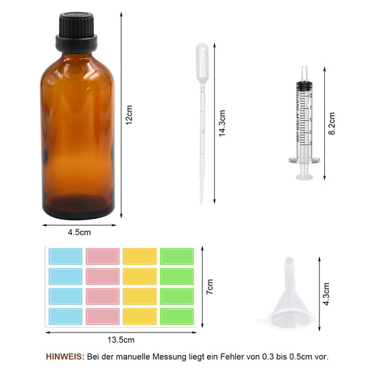 Episkey 12 Pack Brown Glass Bottle 100ml, Glass Dropper Bottle Brown Apothecary Bottle Set including small glass bottle dropper funnel syringe and label (Brown, 100ml)