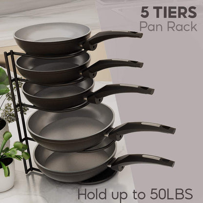 SASONCO Pan Organizer, Pot Organizer, sturdy 5-tier rack for cast iron pans, griddles, and flat pots, heavy-duty steel construction