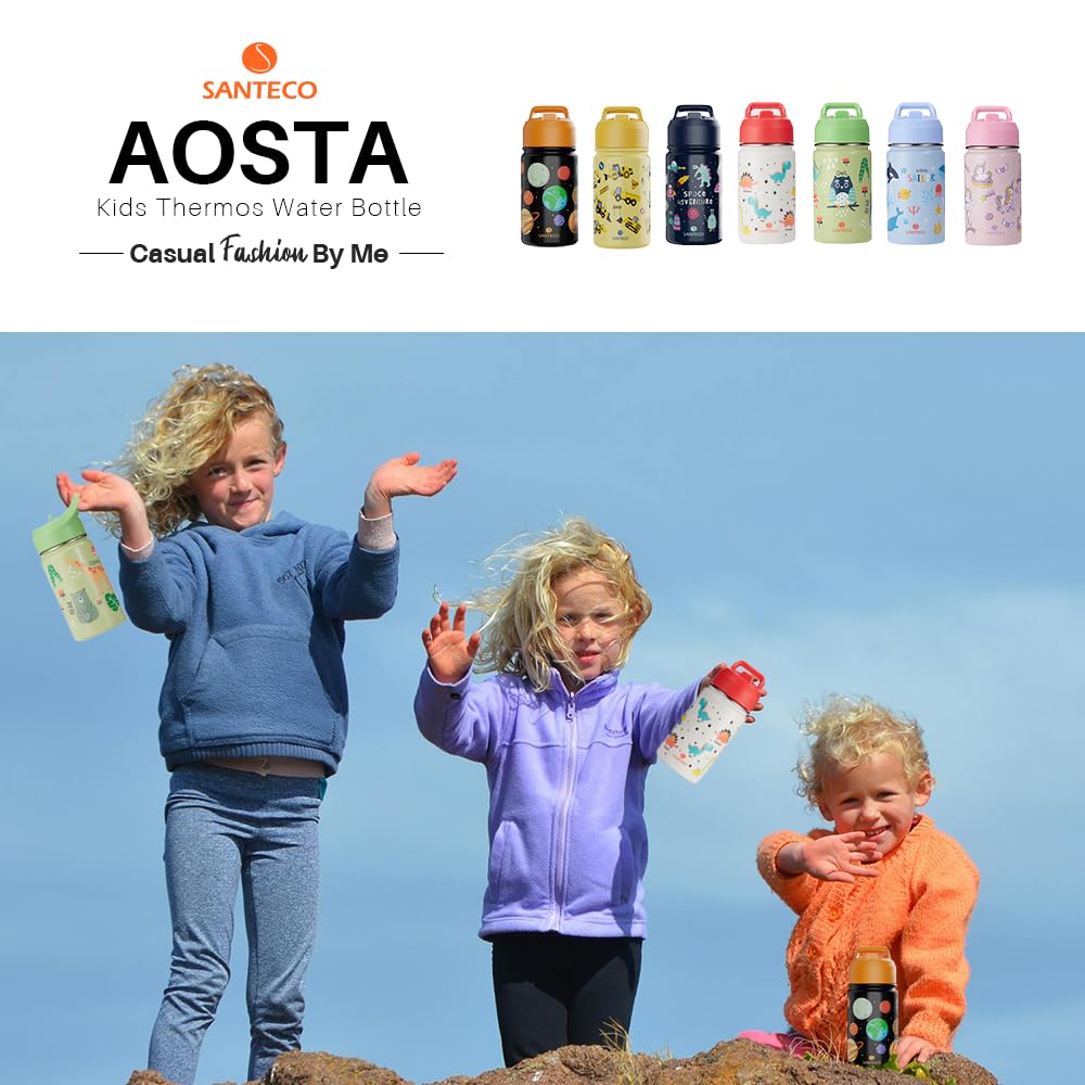SANTECO Kids Stainless Steel Water Bottle 500ml with Straw, Kids Thermos Bottle BPA-free Water Bottle Easy to Clean, Thermos Flask for Boys Girls in Kindergarten School - Owl