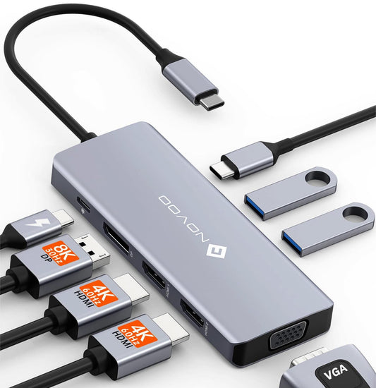 NOVOO Docking Station USB C Dual HDMI 8 in 1 USB C Hub with 4K@120Hz DisplayPort, 2 HDMI 4K@60Hz, VGA, 2 USB-A + 1 USB-C data ports, PD 100W laptop adapter 4 monitors for iPhone 15/MacBook/Dell/Lenovo/Surface