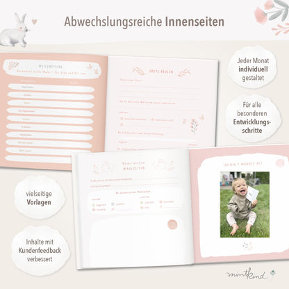 mintkind® Baby Album "My First Year" Flower + Sticker Set | Baby Photo Album for Personalization | Baby Gift for Girl and Boy | Baby Book for Memories | Baby Journal from 0 Months