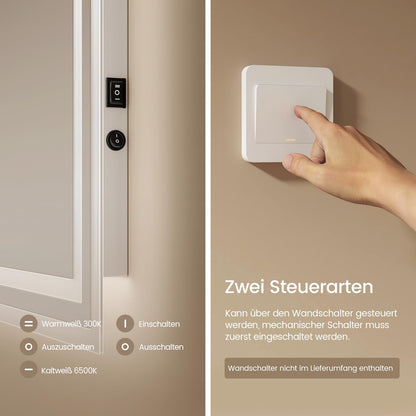 EMKE LED bathroom mirror with lighting 40x60cm. Anti-fog, cold and warm white light options. High-quality aluminum frame with IP44 rating. Energy-efficient with touch button switch.