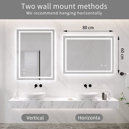 Dripex bathroom mirror with LED lighting, touch switch, dimmable, 3 adjustable light colors. Fog-free 60 x 80 cm illuminated bathroom mirror.