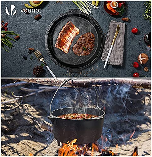 VOUNOT Dutch Oven Set 4.25 liters, pre-seasoned cast iron fire pot for garden campfire camping, with legs, lid, lid lifter, and carrying bag.