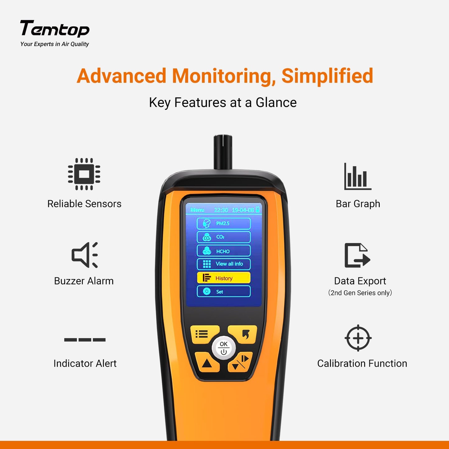 Temtop air quality monitor measures PM2.5, PM10, particle count, CO₂, HCHO, temperature, and humidity. Portable device for monitoring indoor air quality.