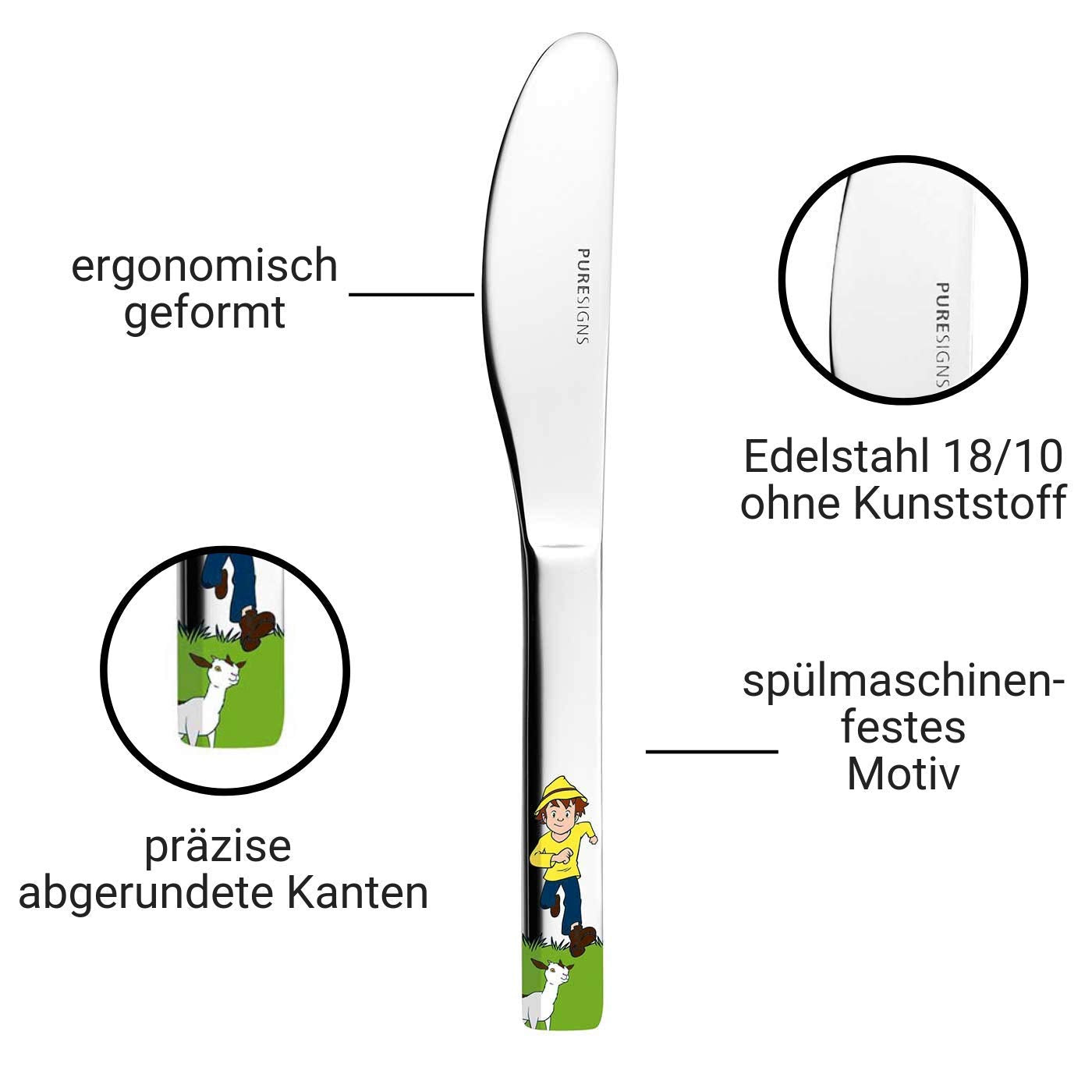Puresigns ONE Heidi children's dinnerware porcelain kids cutlery stainless steel polished silver 7-piece