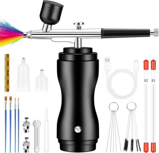 Airbrush kit with compressor, 48 PSI rechargeable, cordless airbrush set with 0.2/0.3/0.5mm nozzles for nail art, makeup, cake decorating, modeling, black.