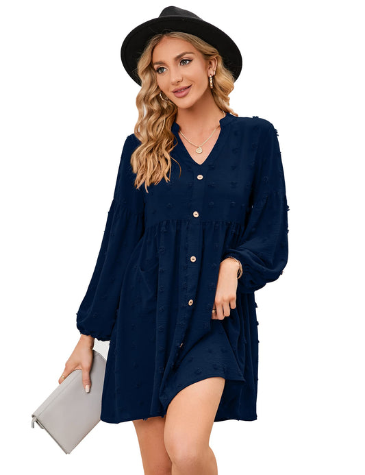 KOJOOIN Women's Tunic Dress Long Sleeve Swing Dress with Short V-Neck Button Front Blouse Dress Swiss Dot Casual Mini Dress Leisure Dress with Pockets (Packaging MULTIPLE), A-Dark Blue, L