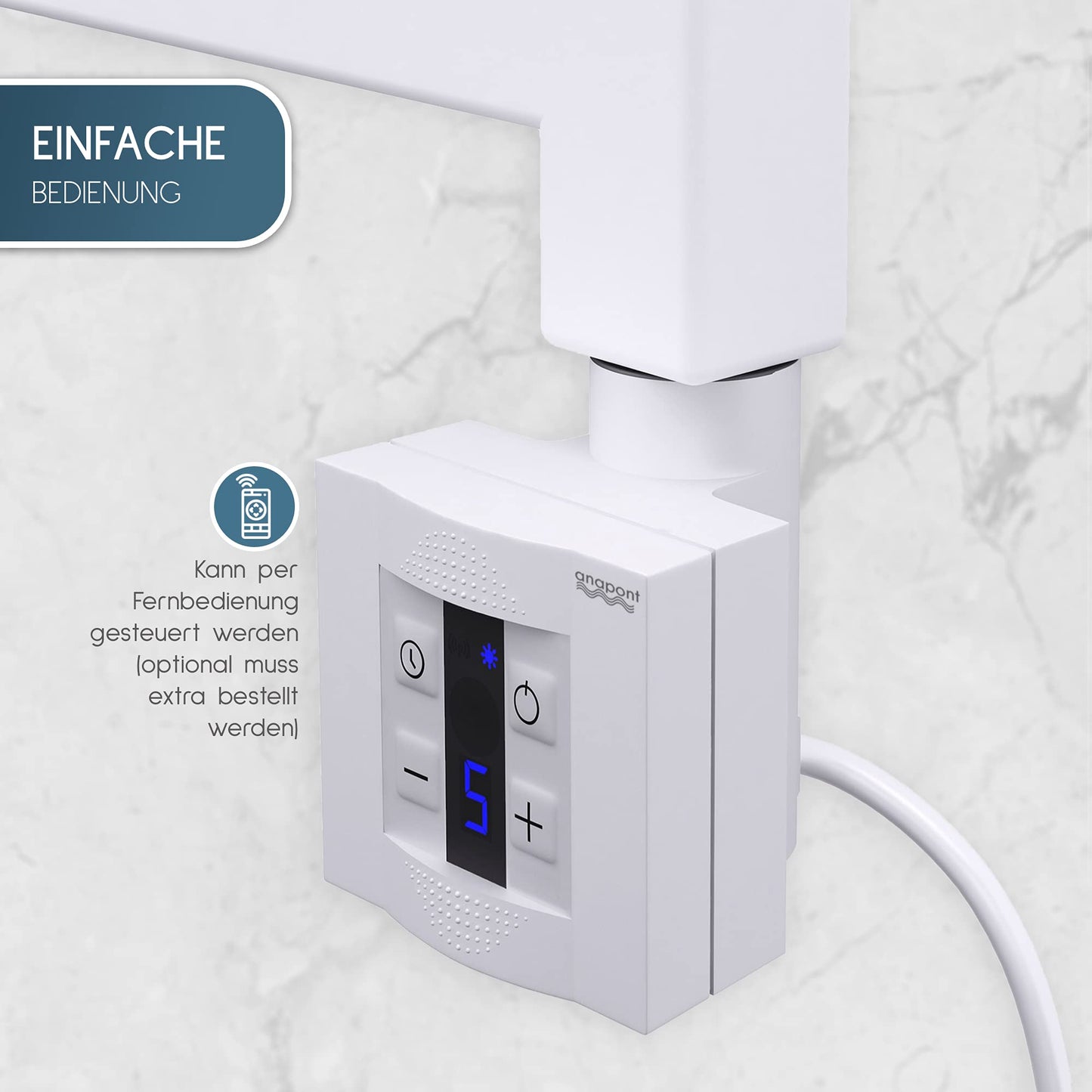 anapont electric bathroom radiator 1175x500 - white straight - timer function - towel radiator - electric bathroom heater - towel heater - Made in Germany