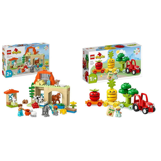 LEGO DUPLO Town Animal Care on the Farm, toy for kids aged 2+ & 10982 DUPLO My First Fruits and Vegetables Tractor, Easter gift toy.