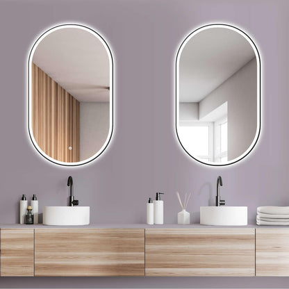 HOKO LED Design Bathroom Mirror oval 45x75 cm / 75x45 cm Brescia+ Black Metal Frame. VERTICAL+HORIZONTAL Installation. Lighted mirror, also Vanity Mirror+Touch Switch+Light Change-Warm White-Cool White-Neutral