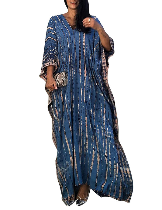 QUNERY Women's Beach Dress Elegant Long Bikini Cover Ups Beach Poncho Print Loose Kaftan Smock Summer Maxi Dress (Brown)