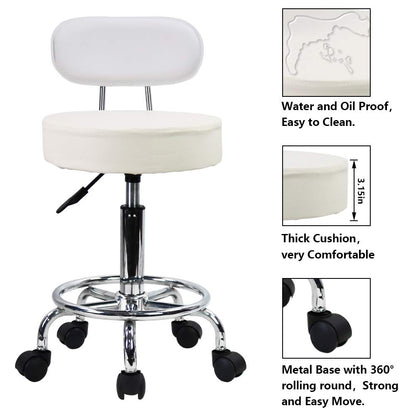 KKTONER Rolling Stool Office Chair, height adjustable, swivel stool with low backrest and footrest, made of white PU leather.
