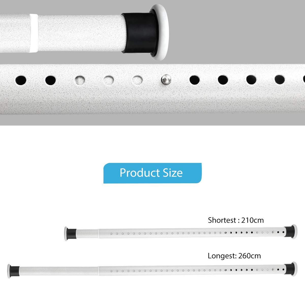 KINLO 210-260cm telescopic shower curtain rod without drilling in beige. Adjustable stainless steel rod for curtains in shower and bathtub.