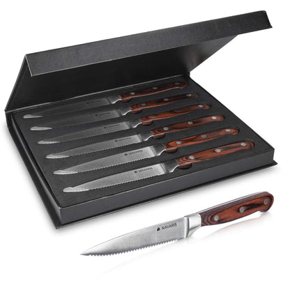 Navaris 6x Steak Knife Set with Wood Handle - Cutlery Knife 6-piece Set - Cutlery Set made of Stainless Steel and Wood with Gift Box - Serrated Edge Steak Cutlery