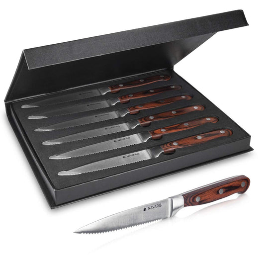 Navaris 6x Steak Knife Set with Wood Handle - Cutlery Knife 6-piece Set - Cutlery Set made of Stainless Steel and Wood with Gift Box - Serrated Edge Steak Cutlery