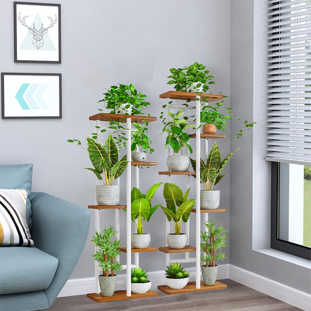 QLFJ-FurDec 7-Tier Plant Stand Holder Indoor, Wood and Metal Standing Flower Pot Shelf, 7-Tier 8-Pot Multi Flower Pot Holder for Balcony Garden Windowsill Corner (8 Pots, White)