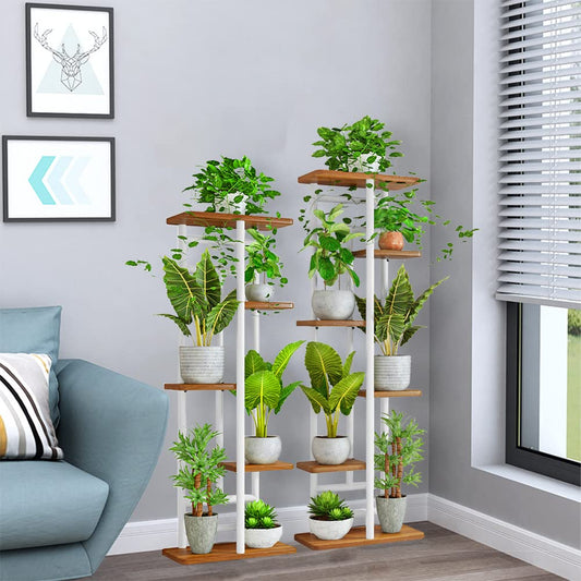 QLFJ-FurDec 7-Tier Plant Stand Holder Indoor, Wood and Metal Standing Flower Pot Shelf, 7-Tier 8-Pot Multi Flower Pot Holder for Balcony Garden Windowsill Corner (8 Pots, White)