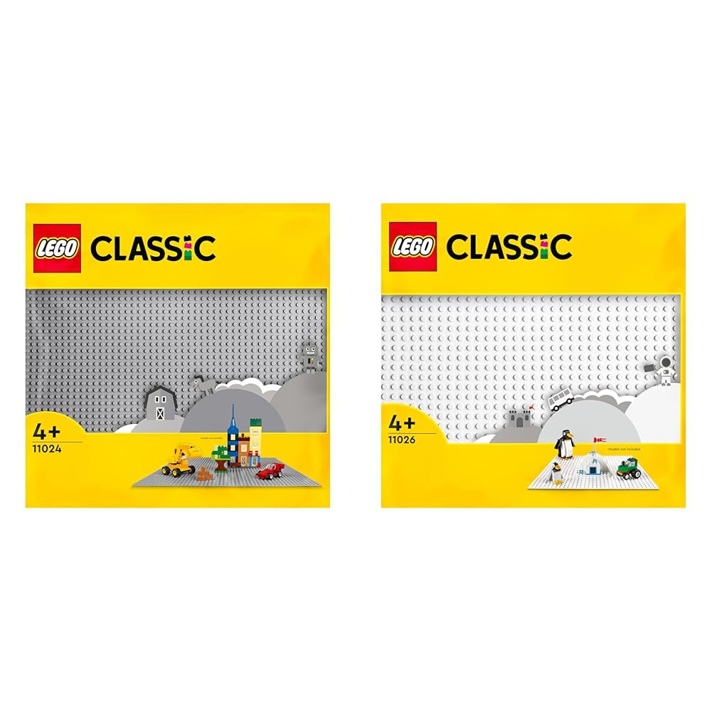 LEGO 11024 Classic Gray Baseplate, square baseplate with 48x48 studs & 11026 Classic White Baseplate, square baseplate with 32x32 studs as foundation for LEGO sets.