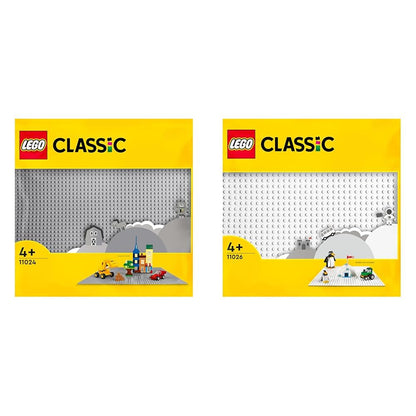 LEGO 11024 Classic Gray Baseplate, square baseplate with 48x48 studs & 11026 Classic White Baseplate, square baseplate with 32x32 studs as foundation for LEGO sets.