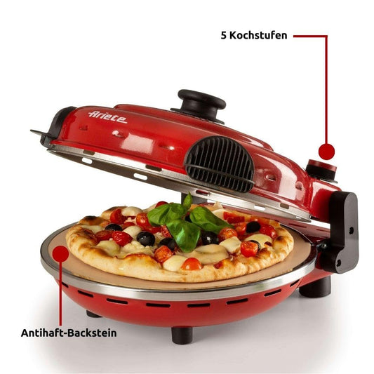 Ariete Pizza Oven 919, 4-minute pizza, 5 cooking levels, heat-resistant plate for reheating, wooden cutting board included, Max. temp 400°C, 1200W, Red.
