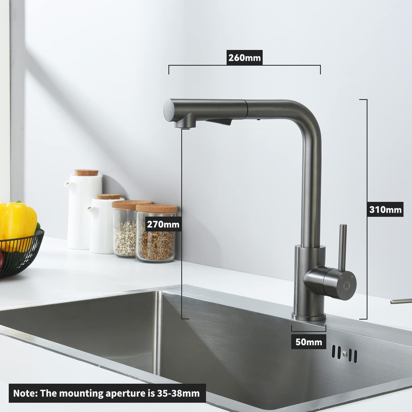Kitchen faucet with pull-out spray, CECIPA high-pressure kitchen tap, kitchen mixer with 2 spray modes, single handle sink tap in brushed stainless steel, 360° swivel, gray black.