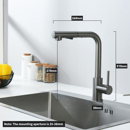 Kitchen faucet with pull-out spray, CECIPA high-pressure kitchen tap, kitchen mixer with 2 spray modes, single handle sink tap in brushed stainless steel, 360° swivel, gray black.