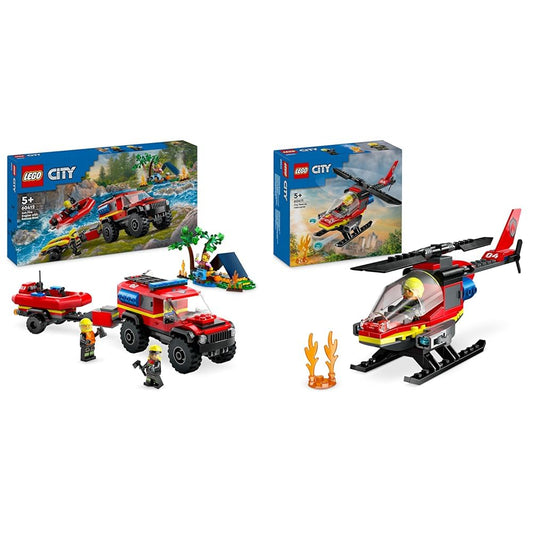 LEGO City Fire SUV with Rescue Boat, Off-Road Car Toy & City Fire Helicopter, set with helicopter toy and pilot figure.