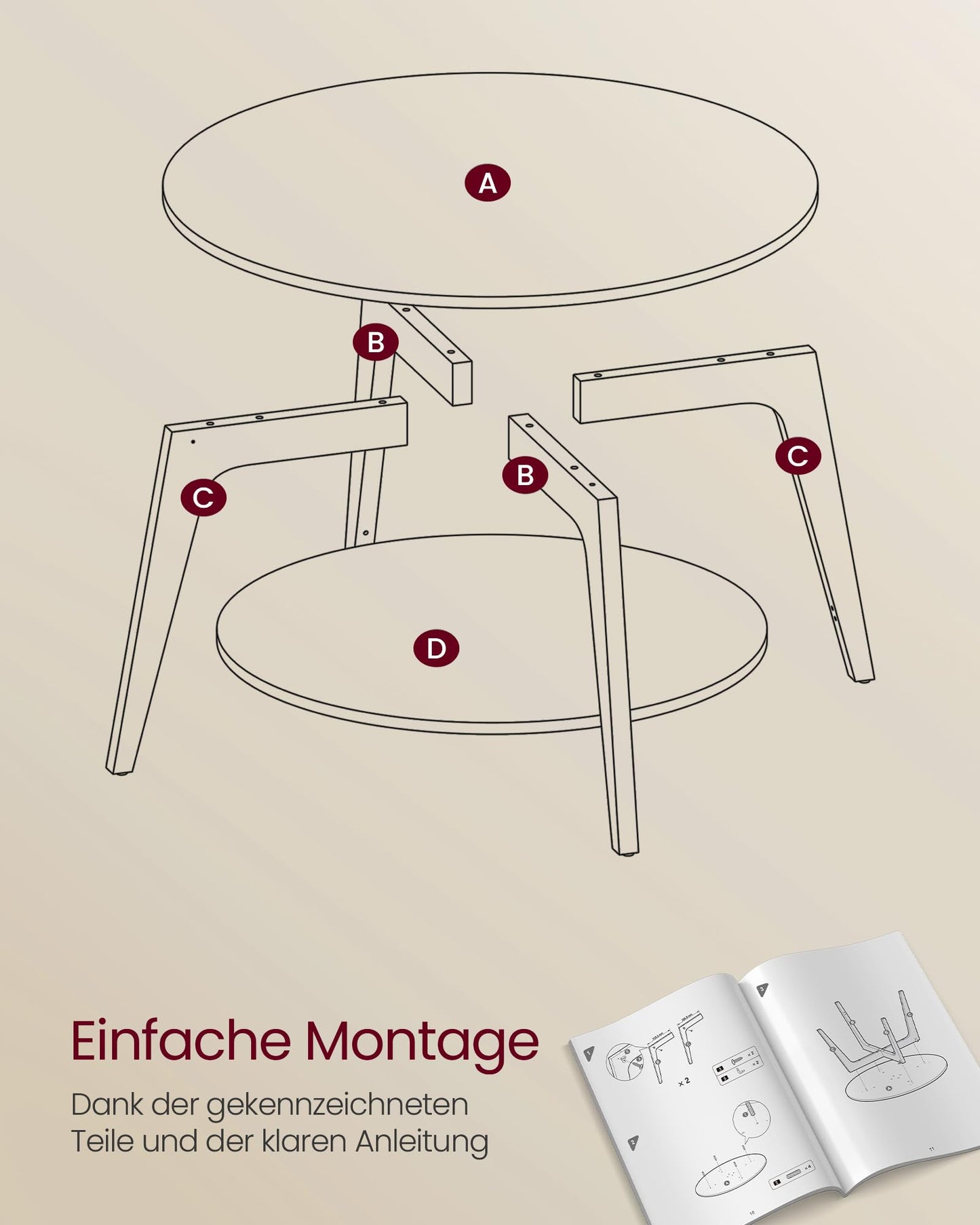 VASAGLE round coffee table, living room table with 2 levels, 80 cm diameter, 45 cm height, easy to assemble, honey brown LCT243K41