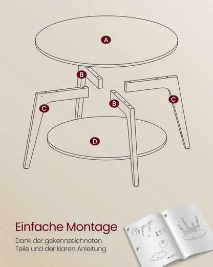 VASAGLE round coffee table, living room table with 2 levels, 80 cm diameter, 45 cm height, easy to assemble, honey brown LCT243K41