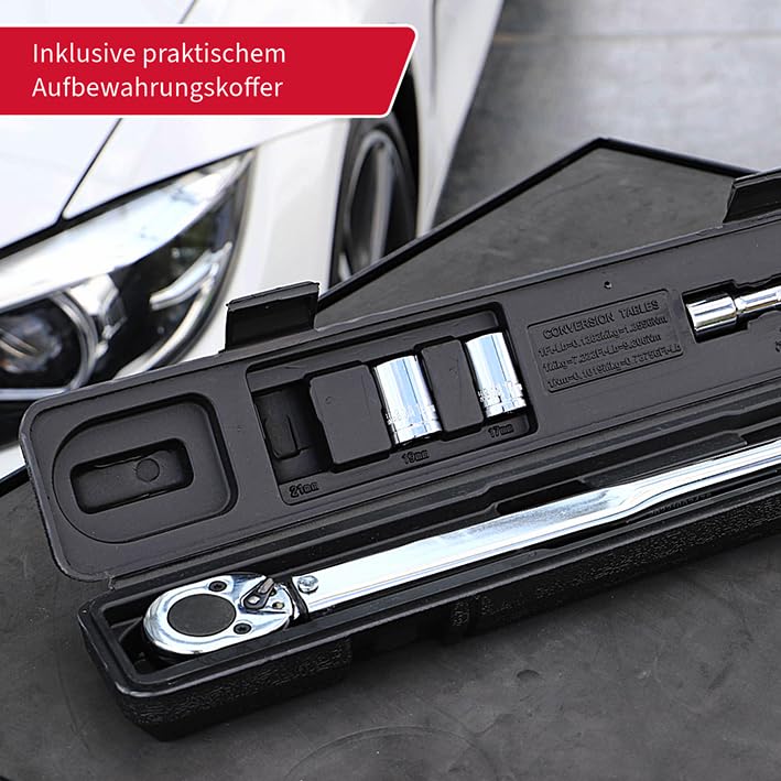 UNITEC torque wrench, adjustable from 40 to 210 Nm, 1/2" square drive, with sockets 17/19 mm and extension, silver