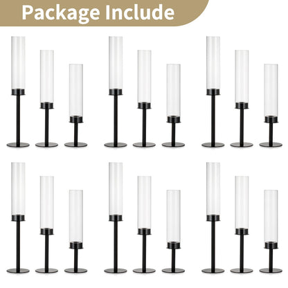 Nuptio Glass Cylinder Candle Holder Metal Black - 18 pieces Cone Candle Stand Taper Candle Pack for Candles, Clear Glass Hurricane Shade Top Candle Modern Wedding Christmas Table Dinner