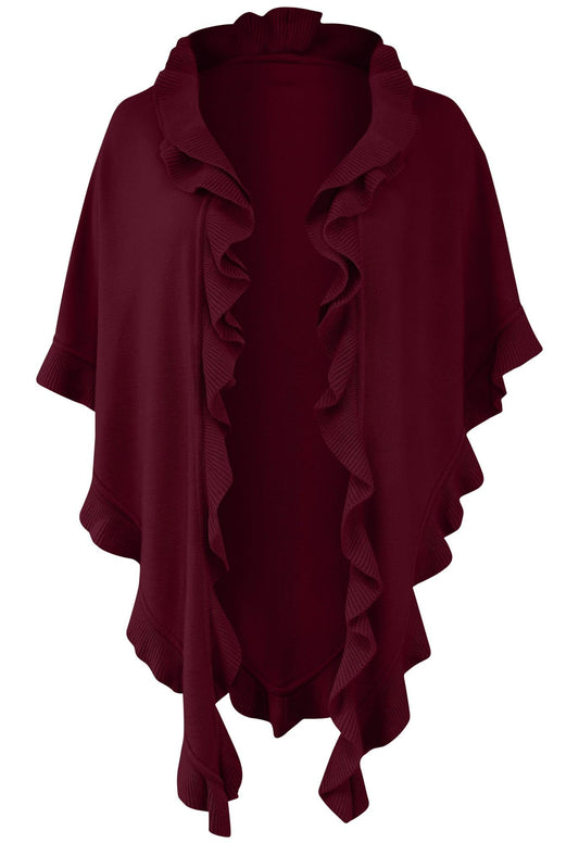 Poncho cape traditional scarf cloak shawl trachten cloth women's knitted poncho traditional knit cape knitted wrap ruffles scarf cashmink, color: dark red
